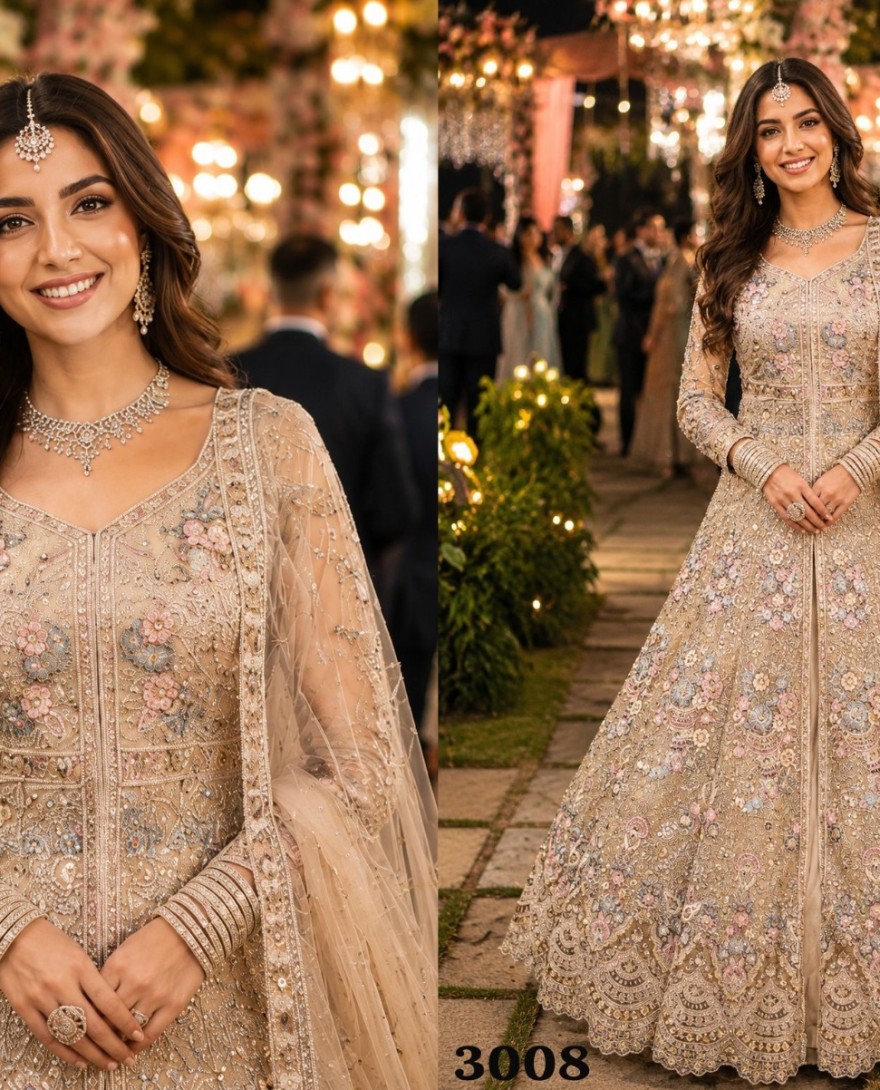 CREAM - Beige Net Thread Work Lehenga Choli